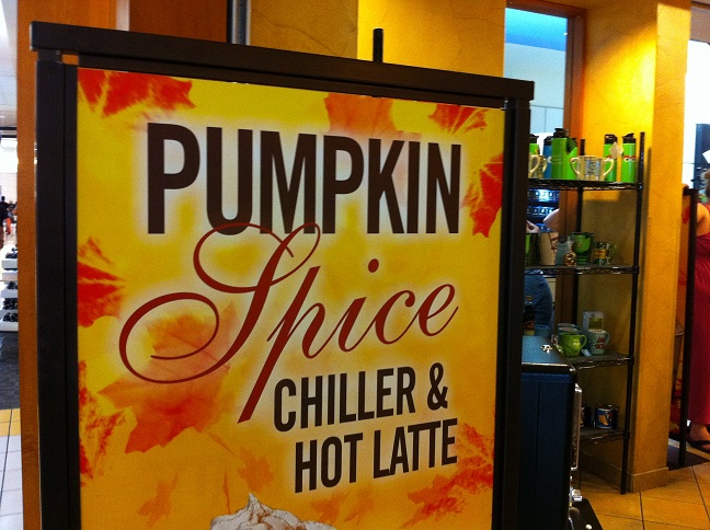 A sign feature seasonal pumpkin spice coffee offerings. Image used under the Creative Commons License via Wikimedia.org.