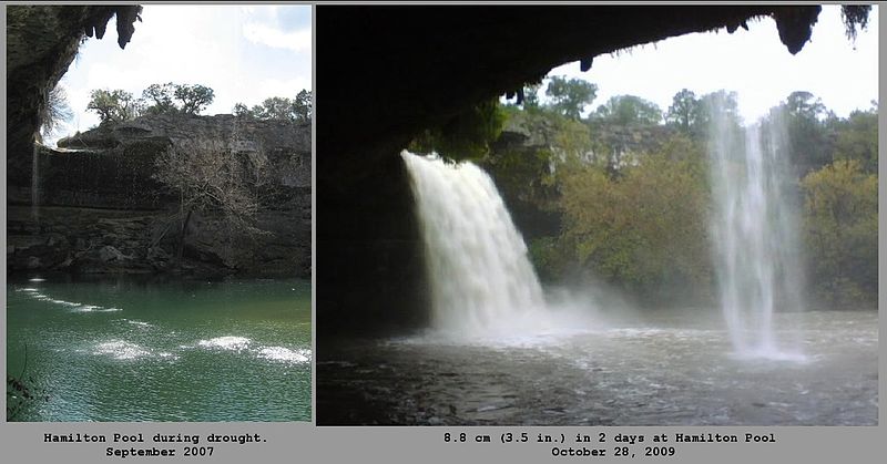 Comparison of drought conditions and flood conditions at Hamilton Pool. Image used under the Creative Commons License via Wikimedia Commons.