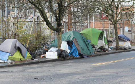 Homeless camp tents line a street sidewalk in Northeast Portland in March 2020. Photo by Graywalls from Wikimedia Commons and used under the Creative Commons License. 